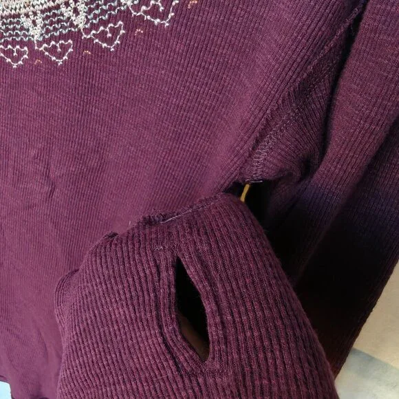 Free People Fair Isle Burgundy Purple Embroidered Thermal Top With Thumbholes - Picture 5 of 13
